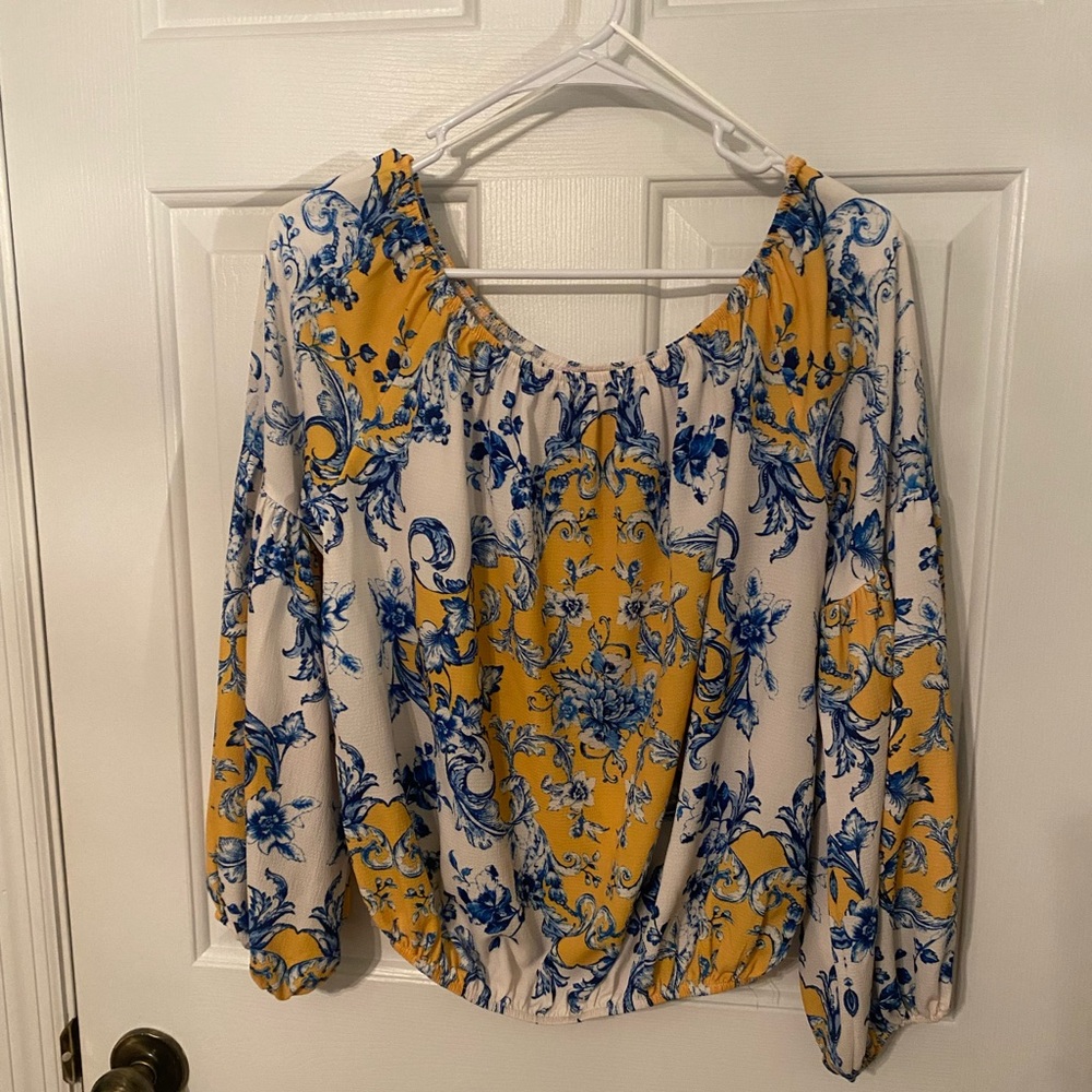 Boutique floral blue, yellow, and white blouse